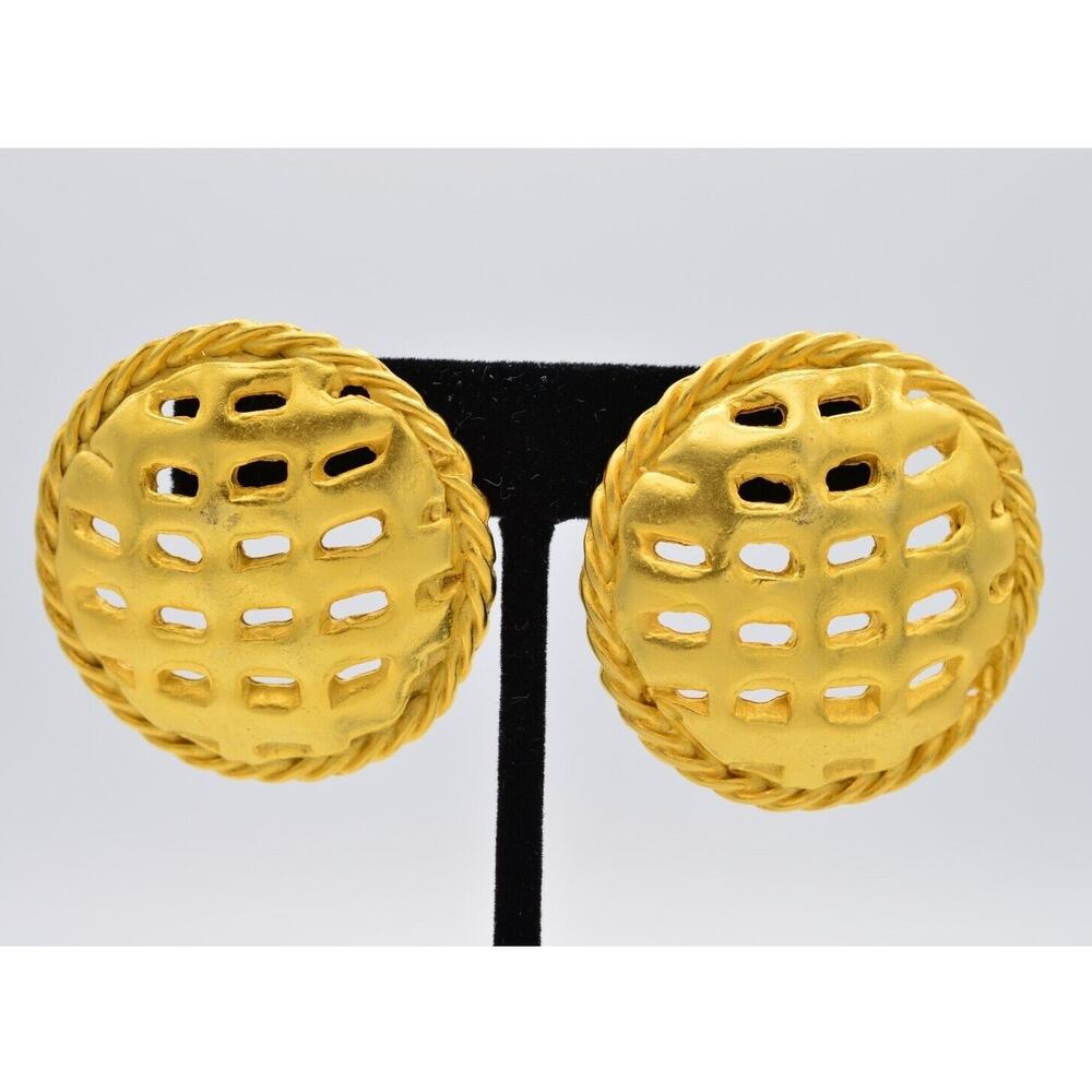 Vintage Chunky Lattice Earrings Brushed Gold Heavy Matte Round NOS 1980s BinAA